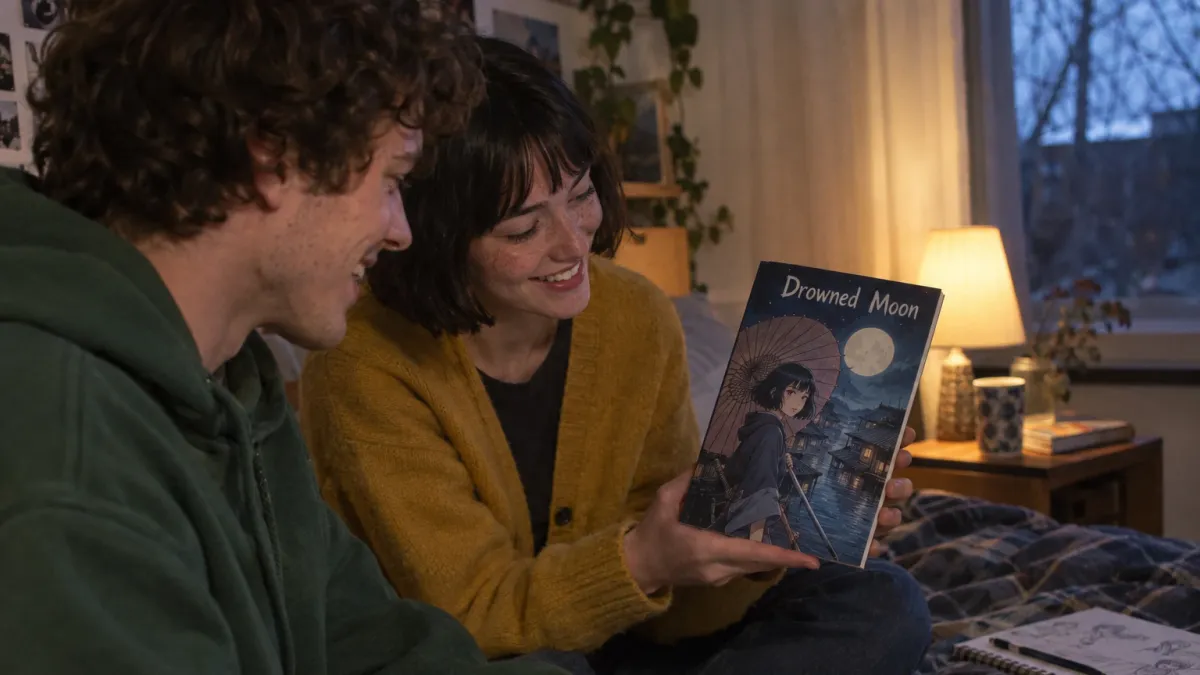 the woman in her early twenties with a short dark bob, freckles and a mustard yellow cardigan sitting on her bed next to a friend in his early twenties with curly brown hair and a green hoodie, both laughing as she shows him the closed printed comic book Drowned Moon, its cover showing her drawn in anime style as a swordswoman with a paper umbrella under a pale moon over flooded rooftops, a sketchbook and a lamp on the bedside table