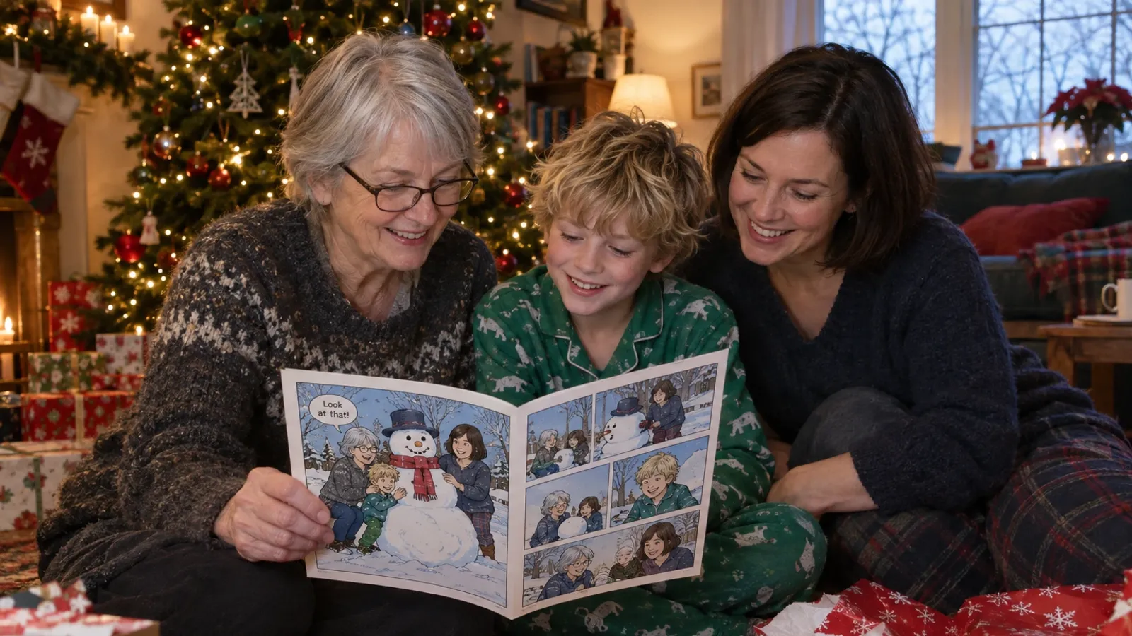 a family on Christmas morning in a warm living room with a decorated tree: a woman in her sixties with short silver grey hair and reading glasses, her daughter in her thirties with a dark brown bob, and a boy of about eight with messy blond hair in green pyjamas, all faces visible and laughing as the grandmother holds open a personalized comic book titled Our Family Christmas, the open lettered pages showing the three of them drawn as cartoon characters building a giant snowman, torn wrapping paper on the rug