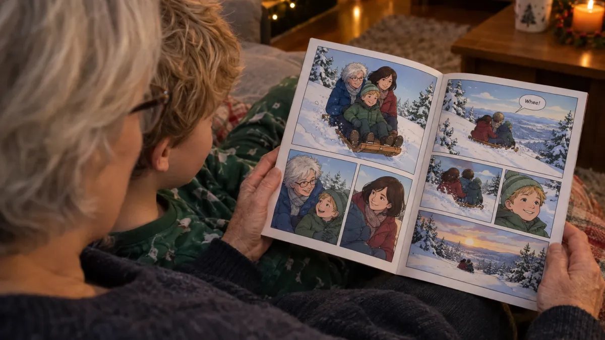 over the shoulder view of a woman in her sixties with short silver grey hair and reading glasses, sitting on a sofa beside a boy of about eight with messy blond hair in green pyjamas, both looking down at a printed personalized comic book titled Our Family Christmas, the open lettered multi panel pages filling half the frame and showing the grandmother, her grandson and her daughter with a dark brown bob drawn as cartoon characters sledging down a snowy hill, warm lamp light and fairy lights in the background