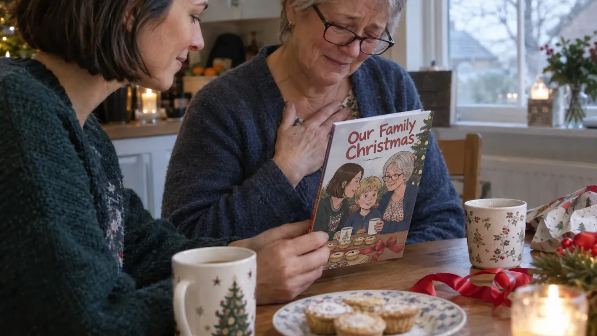 side view of a woman in her thirties with a dark brown bob sitting at a kitchen table on Christmas morning beside a woman in her sixties with short silver grey hair and reading glasses, the older woman visibly moved, hand on her chest, holding the closed printed comic book Our Family Christmas with its cartoon cover showing the two women and a boy of about eight with messy blond hair, coffee cups, mince pies and ribbon on the table, soft winter window light