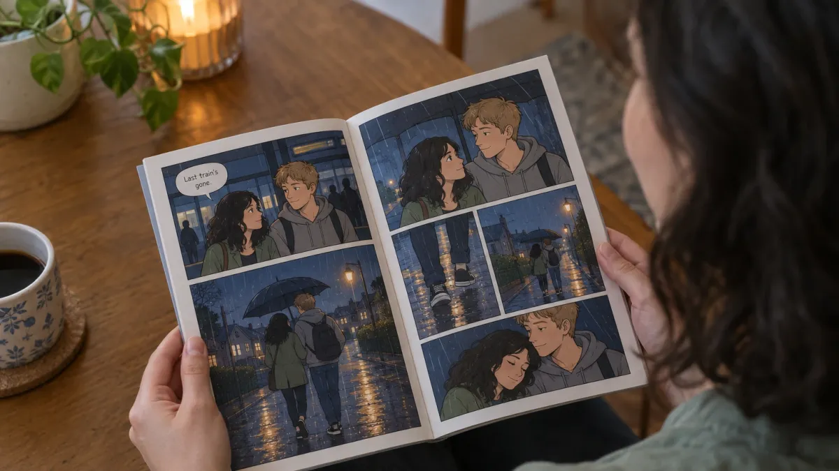 over the shoulder view of a woman in her late twenties with shoulder length wavy black hair and a sage green linen shirt reading a printed personalized comic book titled Our First Year at a small kitchen table in soft morning light, the open pages filling half the frame with cartoon style panels showing her and a man in his late twenties with short sandy blond hair and a grey hoodie drawn as comic characters missing the last train and walking home through the rain under one umbrella, a coffee cup at the edge of the table