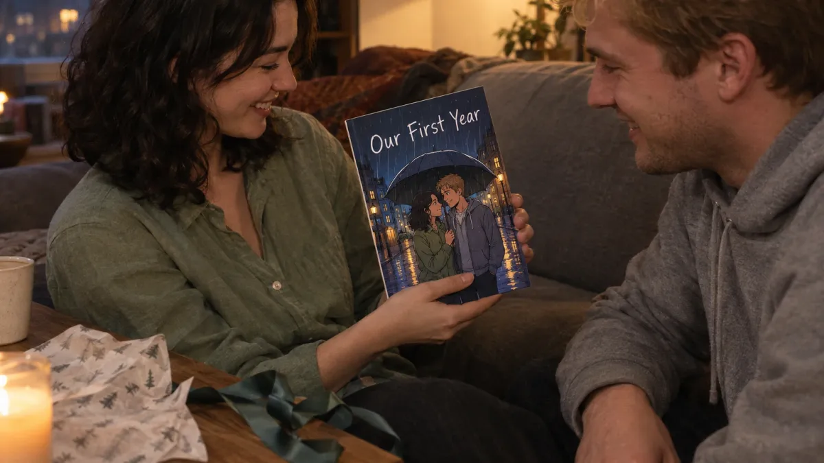 side view of a woman in her late twenties with shoulder length wavy black hair and a sage green linen shirt and a man in his late twenties with short sandy blond hair and a grey hoodie sitting close together on a sofa in warm evening lamp light, both faces visible and laughing, her hands holding the closed printed comic book titled Our First Year, its cartoon style cover showing the two of them drawn as comic characters sharing an umbrella on a rainy city street at night, a ribbon and folded wrapping paper on the low table beside them