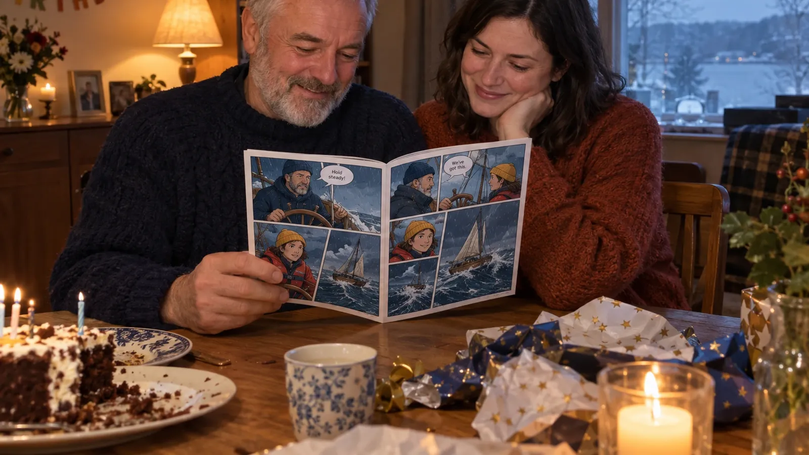 a man in his early sixties with a short grey beard and a navy fisherman jumper and a woman in her early thirties with shoulder length dark brown hair and a rust coloured sweater sitting side by side at a dining table after a birthday dinner, warm lamp light, a half eaten cake and wrapping paper on the table, both faces visible and smiling as he holds open a printed comic book titled Captain Dad at a spread, its cartoon style panels showing him drawn as the captain of a small wooden sailing boat with his daughter as first mate in a storm at sea