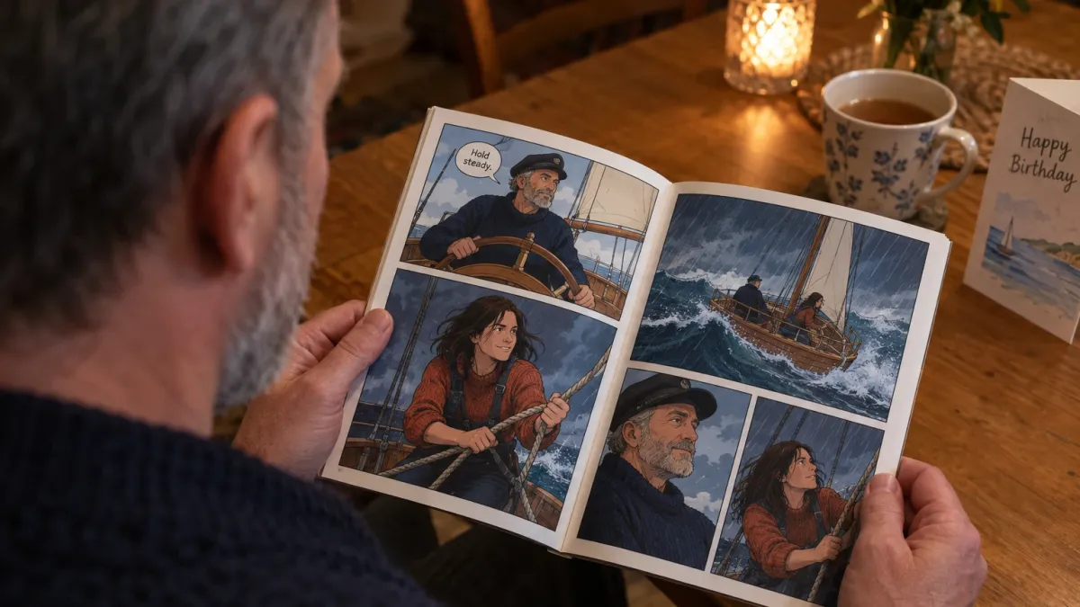 over the shoulder view of the man in his early sixties with a short grey beard and a navy fisherman jumper reading a printed comic book titled Captain Dad at a dining table in warm lamp light, the open pages filling half the frame with cartoon style panels showing him drawn as the captain of a small wooden sailing boat and the woman in her early thirties with shoulder length dark brown hair and a rust coloured sweater drawn as his first mate pulling on the ropes in a storm, a mug of tea and a birthday card at the edge of the table