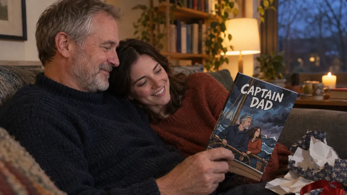 side view of the man in his early sixties with a short grey beard and a navy fisherman jumper and the woman in her early thirties with shoulder length dark brown hair and a rust coloured sweater on a sofa in a cosy living room in the evening, both faces visible and smiling as she leans against his shoulder, the man holding the closed printed comic book titled Captain Dad, its cartoon style cover showing the two of them drawn on the deck of a small wooden sailing boat under a stormy sky, torn wrapping paper and a ribbon on the cushion beside them