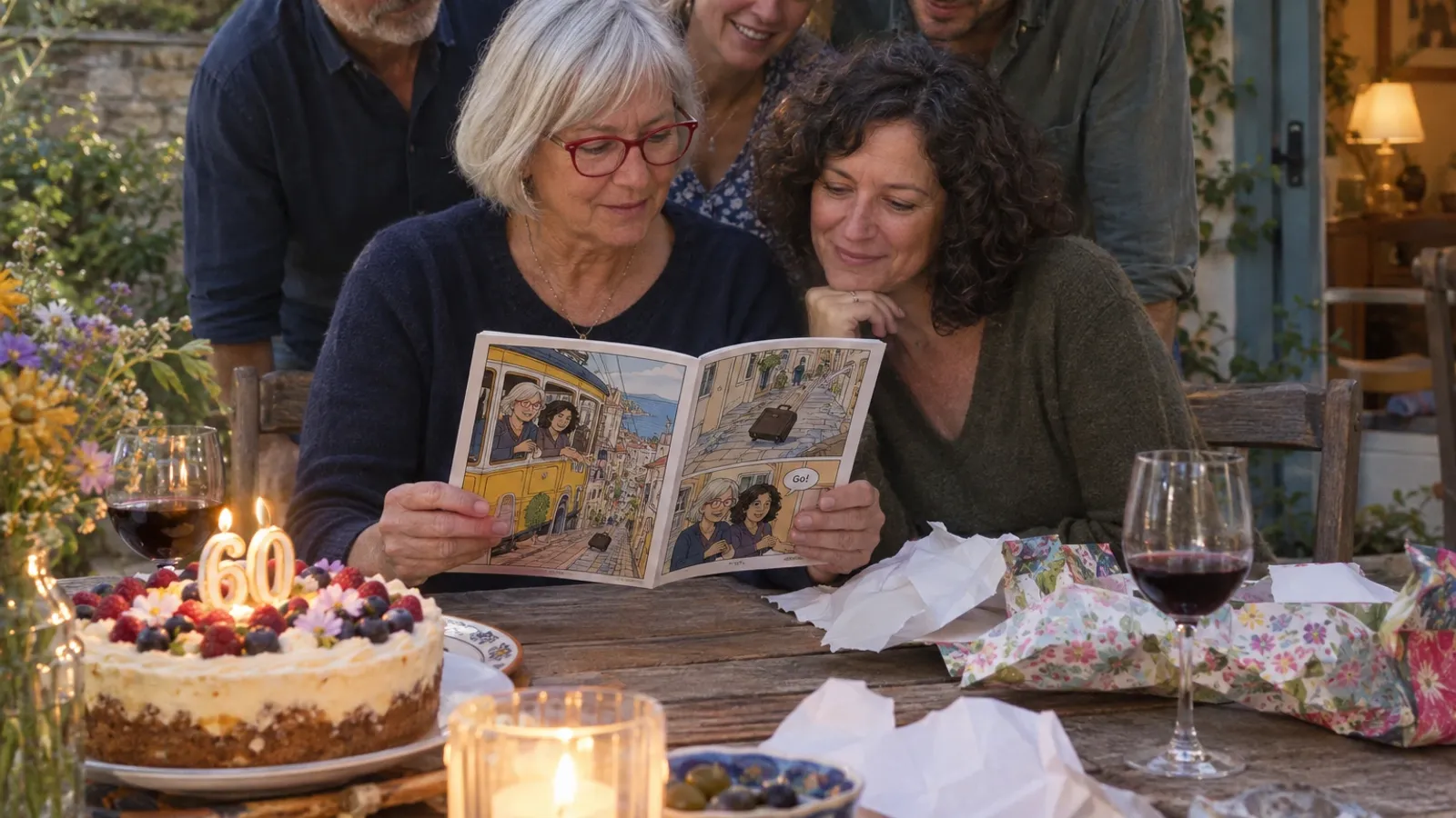 two sisters at a long wooden garden table at a sixtieth birthday lunch in soft late summer light, a woman in her early sixties with a short silver bob and red framed glasses and her younger sister in her mid fifties with shoulder length dark curly hair, the older sister holding open a slim cartoon style comic book titled The Lisbon Job at a spread of panels showing the two of them drawn as cartoon characters on a yellow tram chasing a runaway suitcase down a steep street, a birthday cake, wine glasses and torn wrapping paper on the table, three relatives in the background leaning in to look