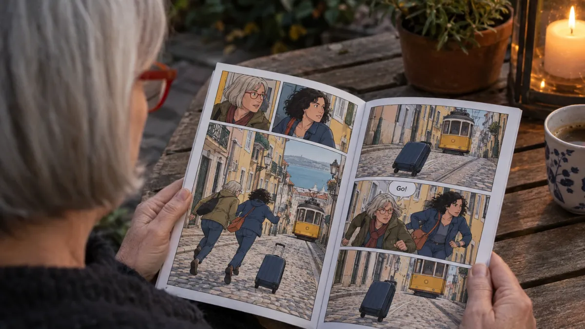 over the shoulder view of a woman in her early sixties with a short silver bob and red framed glasses reading a slim cartoon style comic book titled The Lisbon Job at a wooden garden table, the open pages filling half the frame and showing her and her younger sister in her mid fifties with shoulder length dark curly hair drawn as cartoon characters running after a runaway suitcase down a steep cobbled street while a yellow tram pulls away, a coffee cup at the edge of the table
