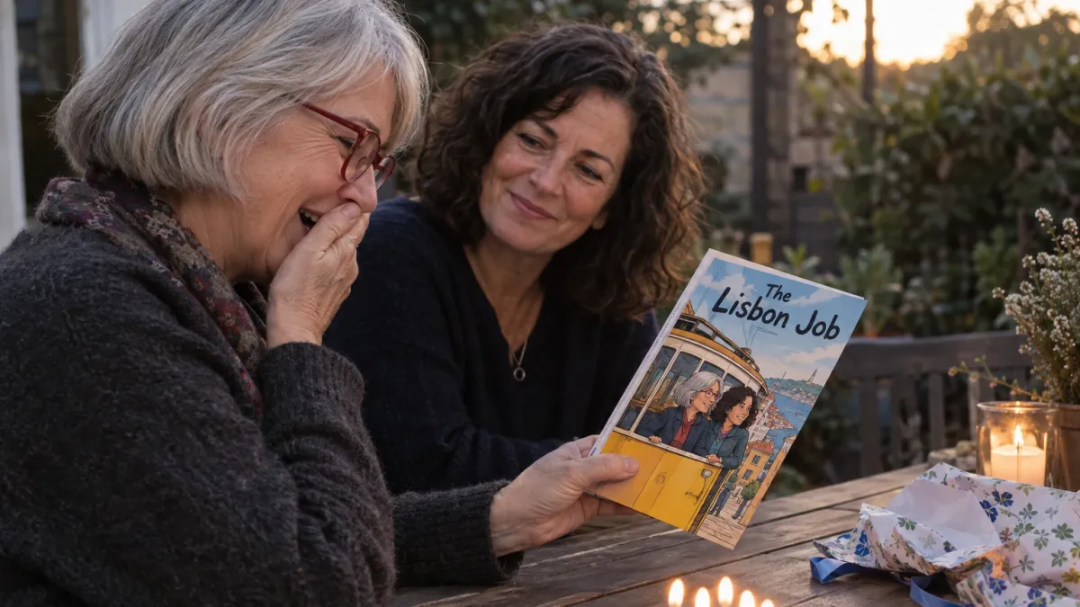 side view of a woman in her early sixties with a short silver bob and red framed glasses laughing with a hand over her mouth at a garden table in late afternoon light, her younger sister in her mid fifties with shoulder length dark curly hair beside her watching her reaction, the closed slim comic book titled The Lisbon Job lying on the table in front of them with its cartoon cover showing the two sisters on a yellow tram, birthday candles and folded wrapping paper nearby