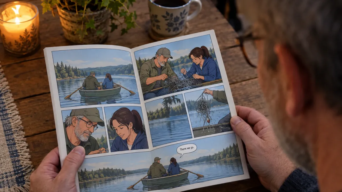 over the shoulder view of a father in his late fifties with a short grey beard and reading glasses reading their slim cartoon style comic book titled Dad Goes Fishing at a wooden garden table, the open pages filling half the frame and showing him and his daughter in her late twenties with a dark brown ponytail drawn as cartoon characters, rowing a small boat and pulling a tangled fishing line out of the lake