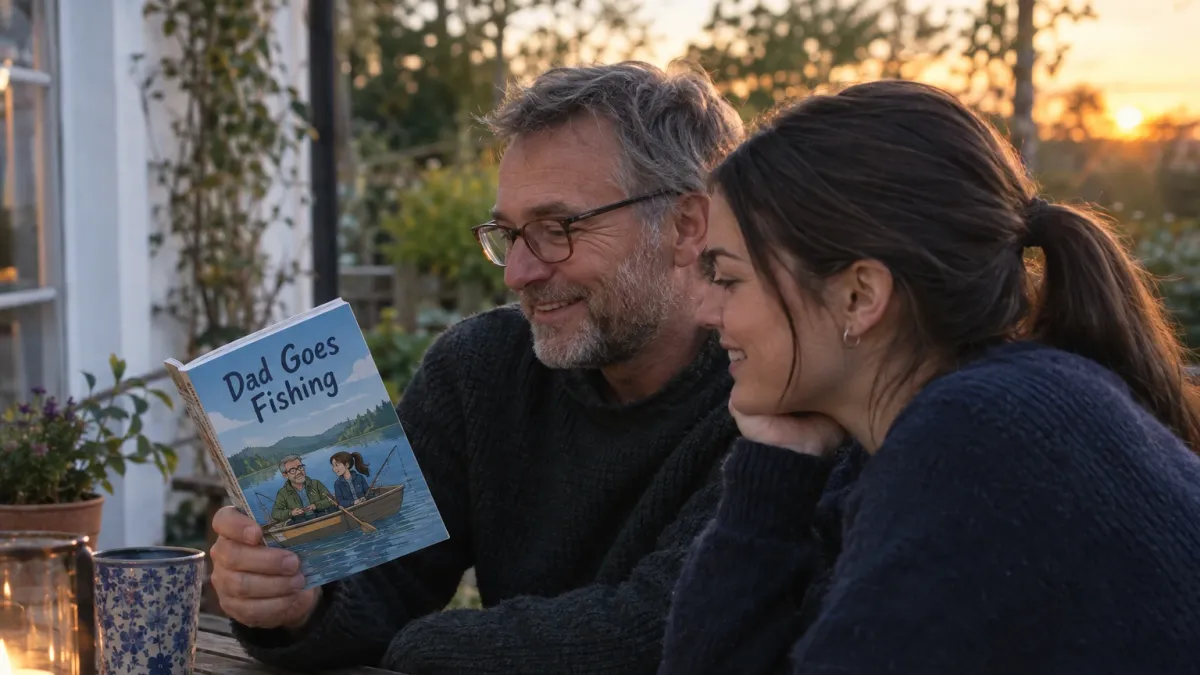 side view of a father in his late fifties with a short grey beard and reading glasses laughing quietly at a wooden garden table in late afternoon light, his daughter in her late twenties with a dark brown ponytail leaning in beside him, the closed slim comic book titled Dad Goes Fishing lying on the table in front of them with its cartoon cover showing the two of them in a small rowing boat