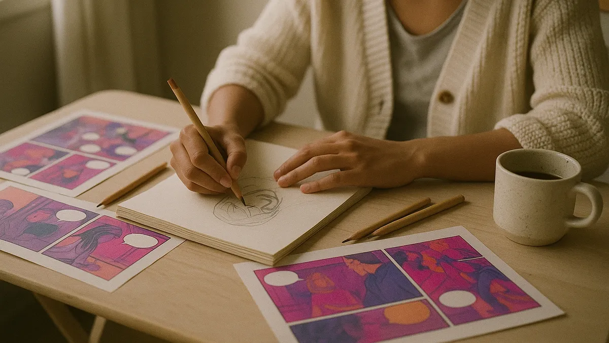 An artist's hands sketching in pencil at a folding table covered with loose printed comic pages, pencils and a coffee cup pushed to one side