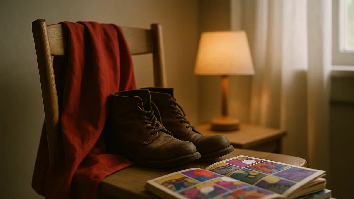 A folded red cape and a pair of worn boots draped over a chair at the end of a long day, beside a stack of comic books in warm lamplight