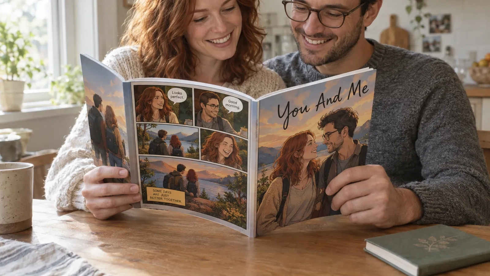 A couple in their thirties at a bright kitchen table in morning light, both faces visible and smiling, holding open their personalized comic book titled You And Me, its lettered panels showing the two of them drawn as comic characters, a small closed keepsake book beside it