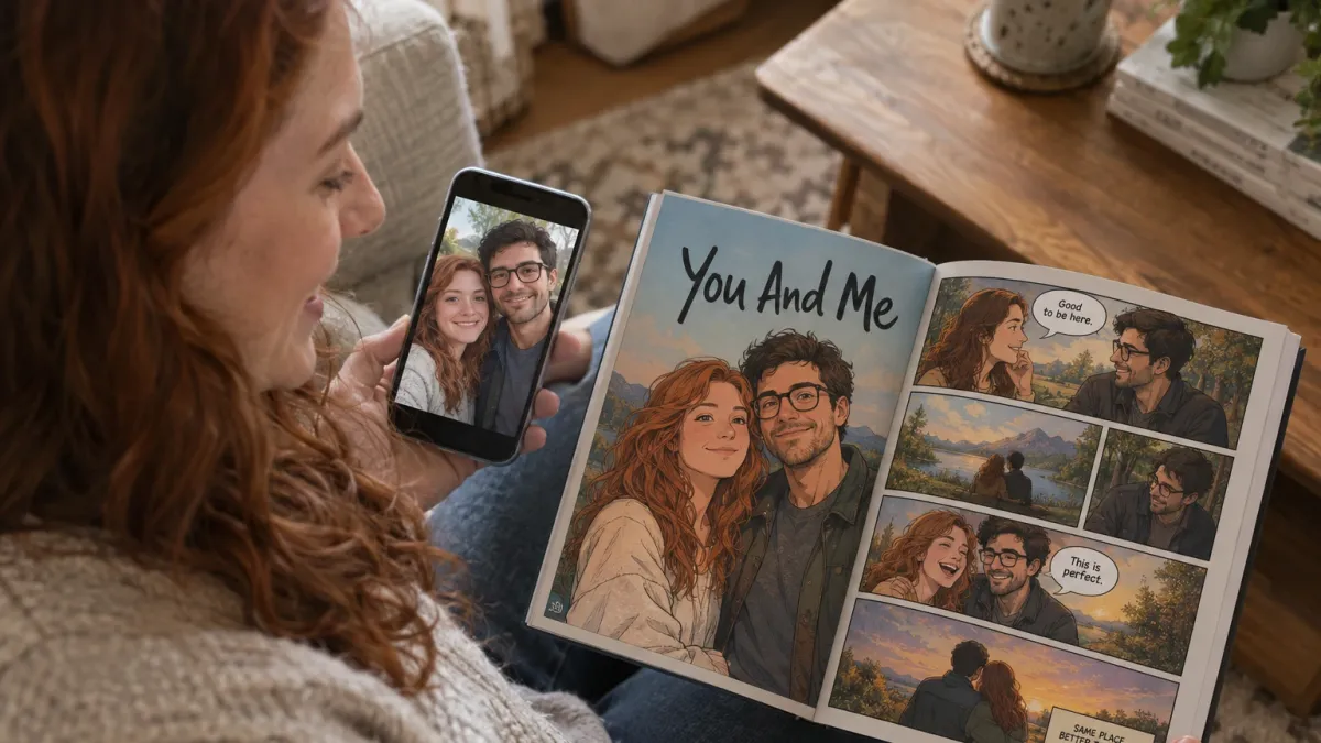 The same woman holding her phone up beside the open page of their comic book You And Me, a photograph of the couple on the screen next to the same two people drawn in the lettered panels, her face visible as she compares them