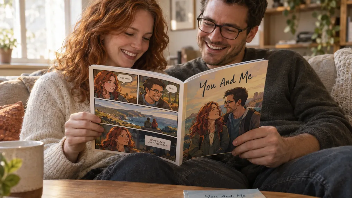 The same couple on a sofa in warm afternoon light reading their comic book You And Me together, his face visible mid-laugh, the back cover of the book lying face up on the table showing the same drawn characters
