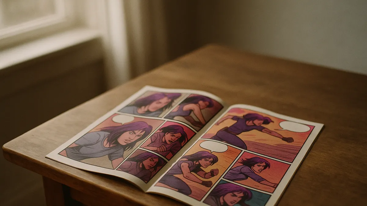 A comic page spread showing the same character drawn across several panels from different angles, laid flat on a wooden table