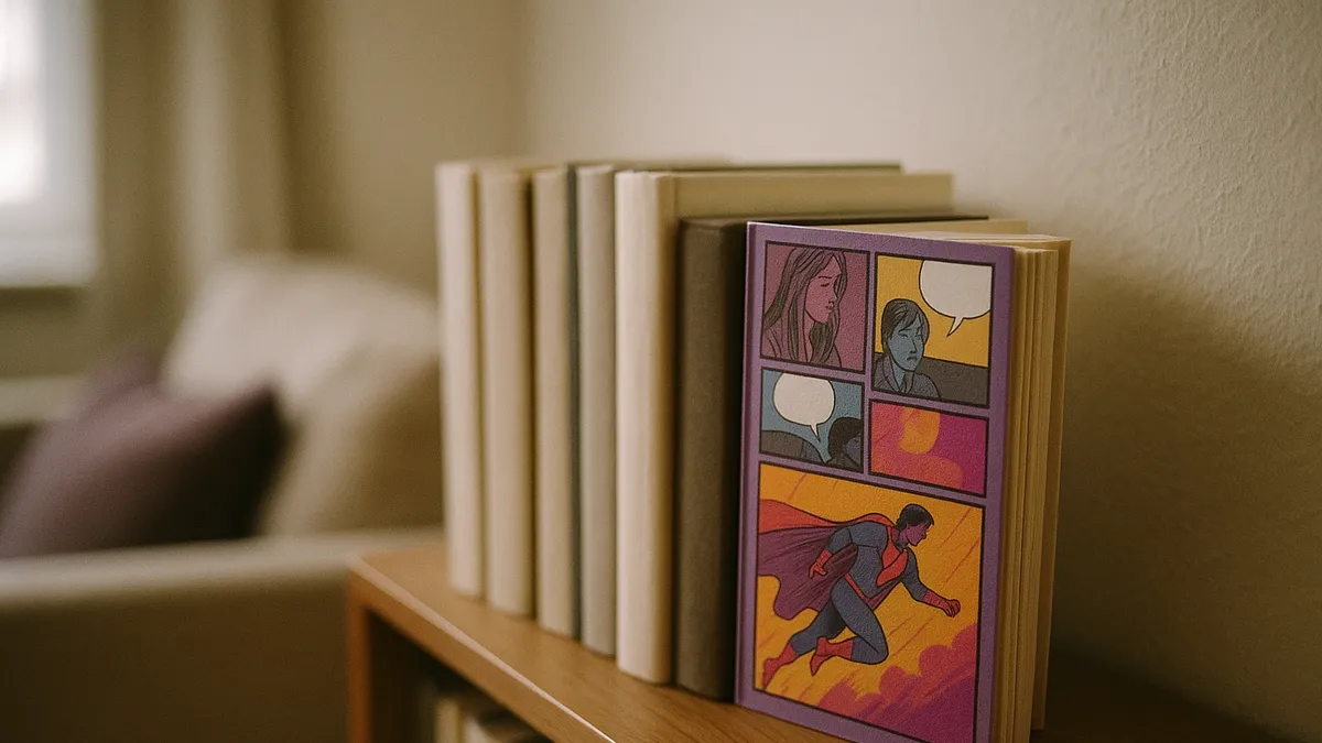 A printed comic book standing at the end of a row of plain hardback novels on a living-room shelf, its illustrated cover the only colour among them