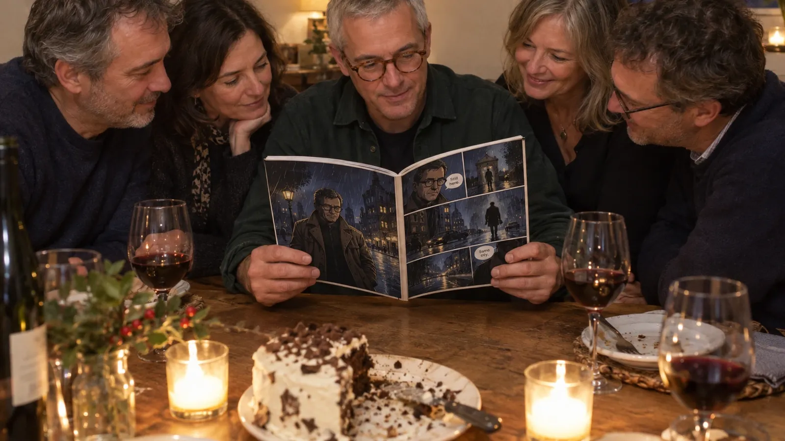 a man in his early fifties with close cropped grey hair, round tortoiseshell glasses and a dark green overshirt sitting at the head of a long wooden table at his birthday dinner in a small restaurant with plain cream walls, warm evening light and candles, four friends in their fifties leaning in around him, everyone looking down at a slim personalized comic book titled The Fifty Files open in his hands at a spread of detective noir style panels showing him drawn as a trench coat detective with his round glasses in a rainy city at night, wine glasses and a half eaten cake on the table