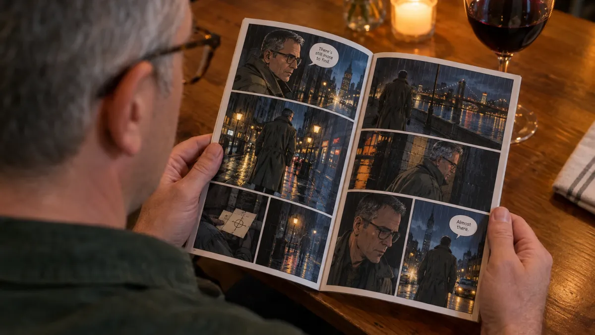 over the shoulder view of a man in his early fifties with close cropped grey hair, round tortoiseshell glasses and a dark green overshirt reading a slim personalized comic book titled The Fifty Files at a wooden restaurant table in warm candlelight, the open pages filling half the frame with detective noir style panels in deep shadows and rain showing him drawn as a trench coat detective following clues through a city at night, a wine glass and a folded napkin at the edge of the table