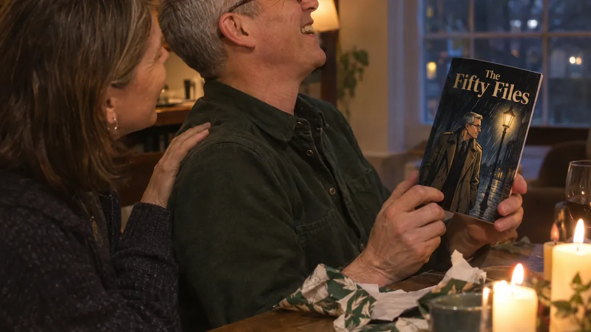 side view of a man in his early fifties with close cropped grey hair, round tortoiseshell glasses and a dark green overshirt laughing with his head tipped back at a candlelit restaurant table, a friend in her fifties beside him with a hand on his shoulder watching his reaction, his hands holding the closed slim comic book titled The Fifty Files, its detective noir style cover showing him drawn as a trench coat detective under a street lamp in the rain, birthday candles and torn wrapping paper on the table