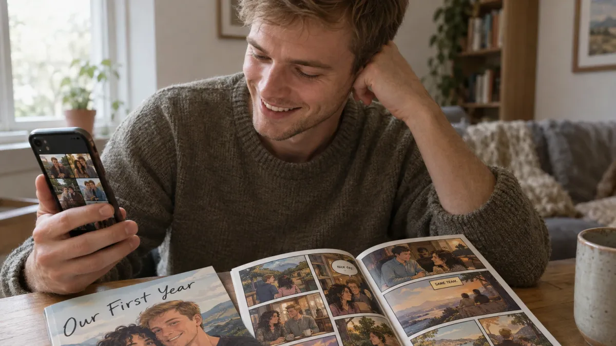 The same young man holding his phone with a grid of couple photographs on screen beside their comic book Our First Year lying open on the table, his face visible as he looks between the photographs and the lettered panels of the same couple