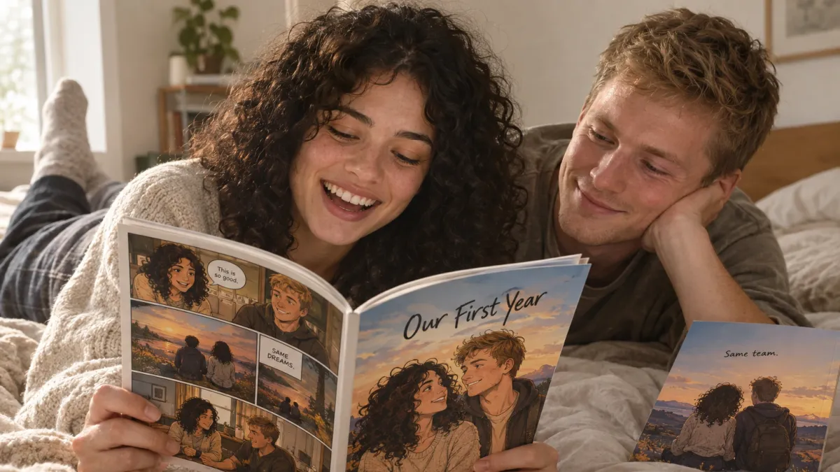 The same couple lying on a bed in soft late afternoon light, she is reading a line aloud from their comic book Our First Year and laughing, her face visible, the back cover propped beside her showing the same drawn characters