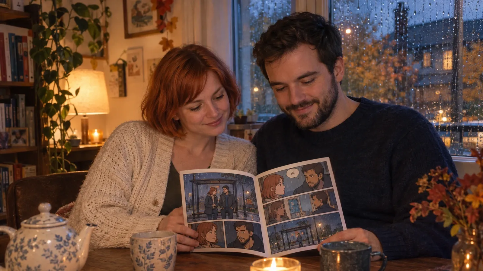 a woman in her early thirties with a short copper red bob and a cream knitted cardigan and a man in his early thirties with a short dark beard and a navy jumper sitting together at a small wooden table by a window on a rainy autumn evening, warm candlelight, both faces visible and smiling softly, a slim personalized comic book titled How We Met open between them at a spread of cartoon style panels showing the two of them drawn as comic characters meeting under a bus shelter in the rain, a teapot and two mugs beside the book