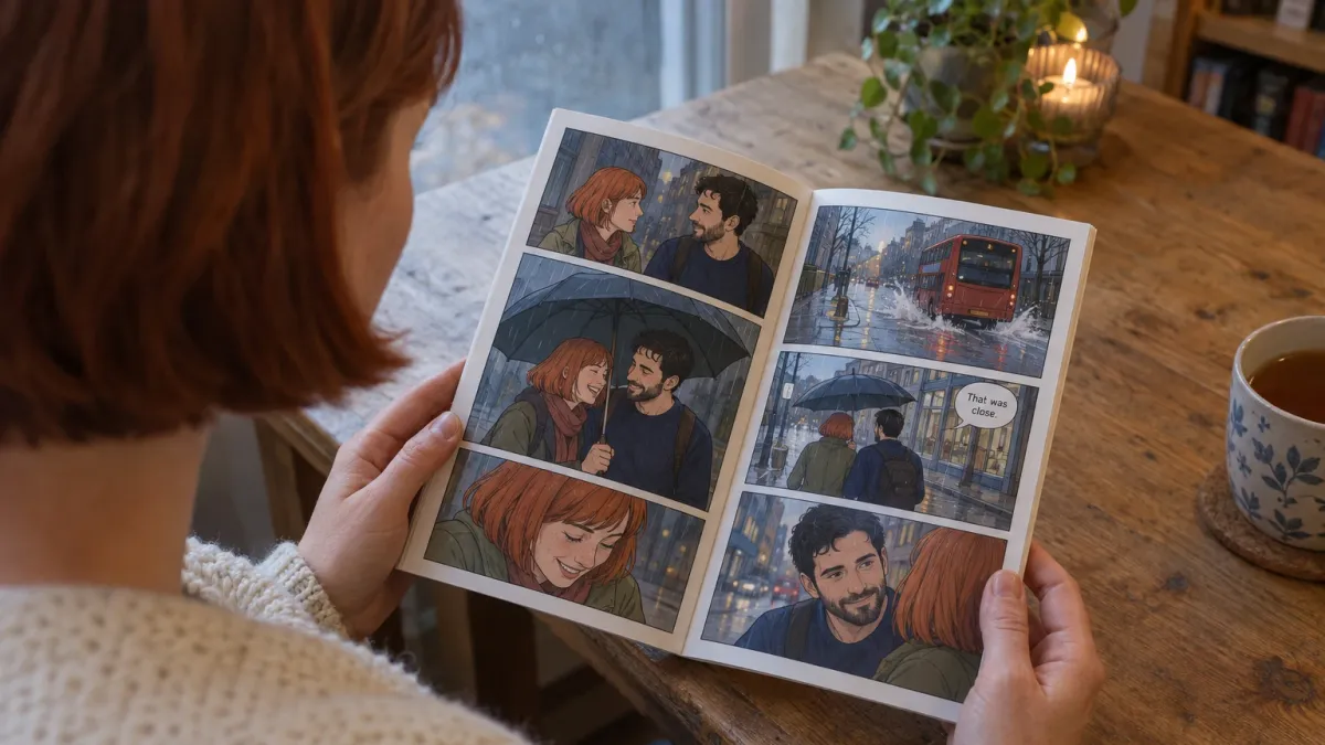 over the shoulder view of a woman in her early thirties with a short copper red bob and a cream knitted cardigan reading a slim printed comic book titled How We Met at a wooden table in soft morning window light, the open pages filling half the frame with cartoon style panels showing her and a man in his early thirties with a short dark beard and a navy jumper drawn as comic characters sharing one umbrella and laughing as a bus drives away through a puddle, a mug of tea at the edge of the table