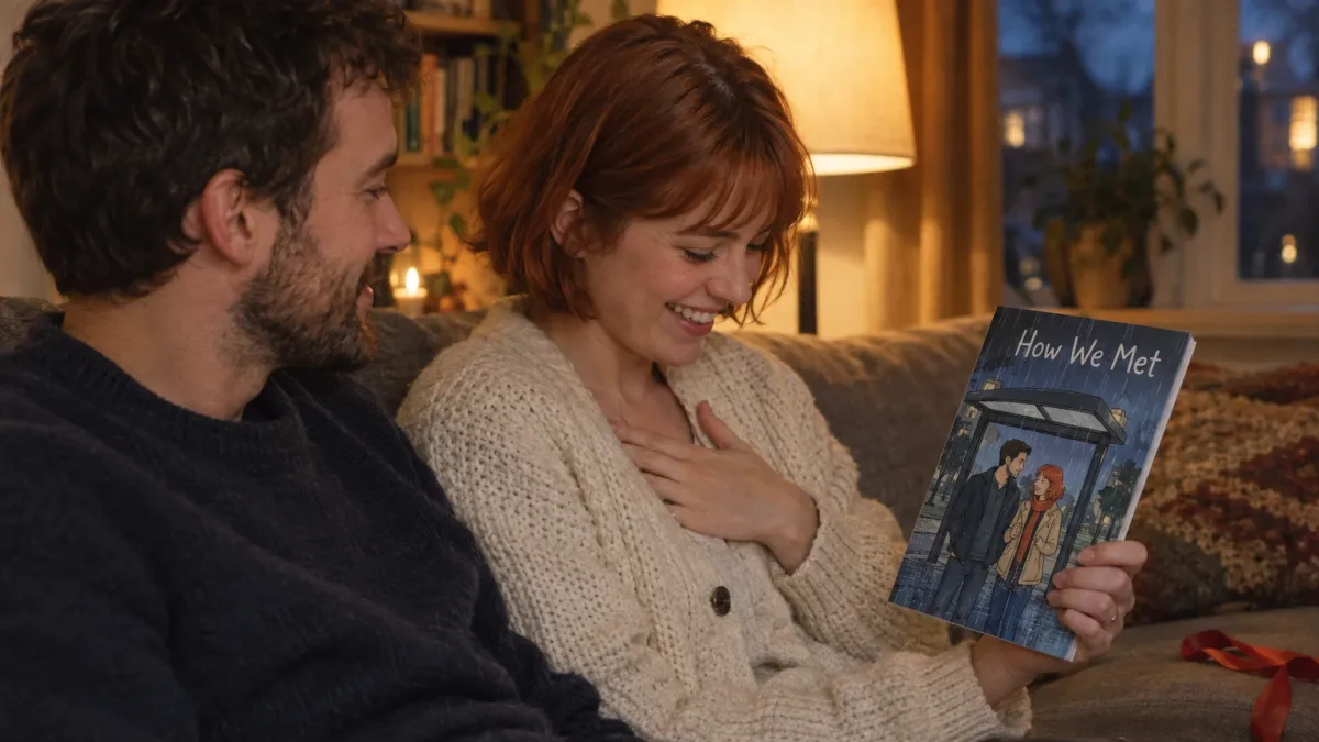 side view of a man in his early thirties with a short dark beard and a navy jumper and a woman in her early thirties with a short copper red bob and a cream knitted cardigan sitting close together on a sofa in warm evening lamp light, both faces visible, she is laughing with one hand over her heart while he watches her reaction, her other hand holding the closed slim comic book titled How We Met, its cartoon style cover showing the two of them drawn as comic characters under a bus shelter in the rain, a loosened red ribbon on the cushion beside them