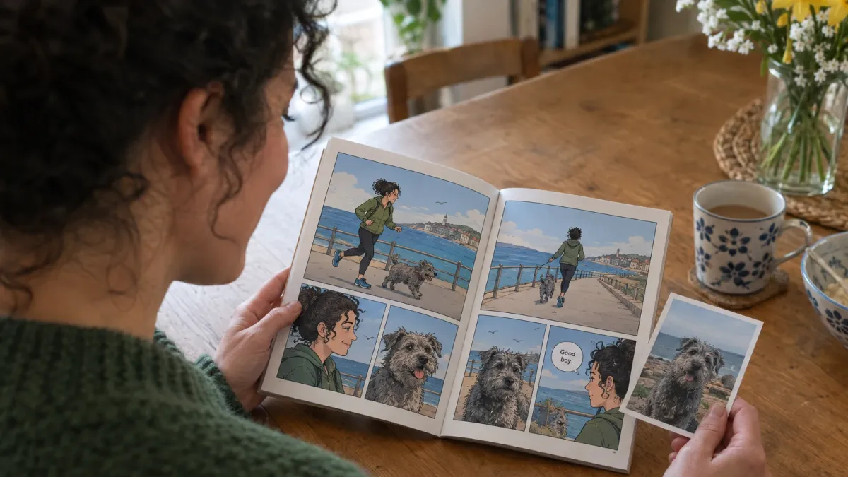 Over the shoulder of a woman in her late thirties with curly black hair tied up and a green knitted jumper, at a wooden kitchen table in morning light, holding a printed photograph of a scruffy grey terrier next to the open pages of her comic book Rufus and Me, where the same terrier and the same woman are drawn in cartoon style running along a seaside promenade, her face visible in profile and amused
