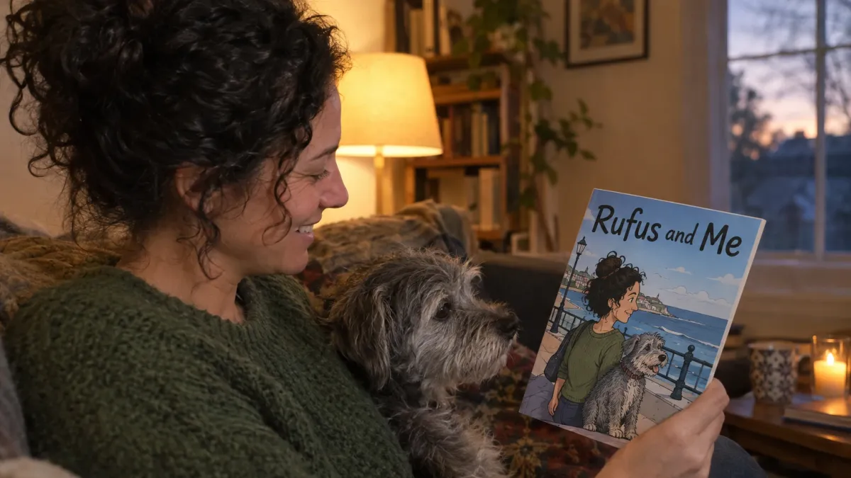 Side view of a woman in her late thirties with curly black hair tied up and a green knitted jumper, sitting on a sofa in late afternoon lamp light with a scruffy grey terrier pressed against her leg, laughing as she holds up the closed printed comic book Rufus and Me, its cover showing her and the terrier drawn in cartoon style on a seaside promenade, the dog looking at the cover too