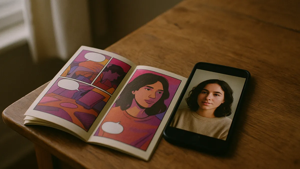 A phone showing a portrait photo lying on a wooden table next to an open printed comic book turned to a page of the same person