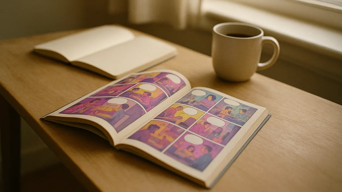 An open comic book resting on a desk beside a notebook and a mug of coffee in soft morning window light