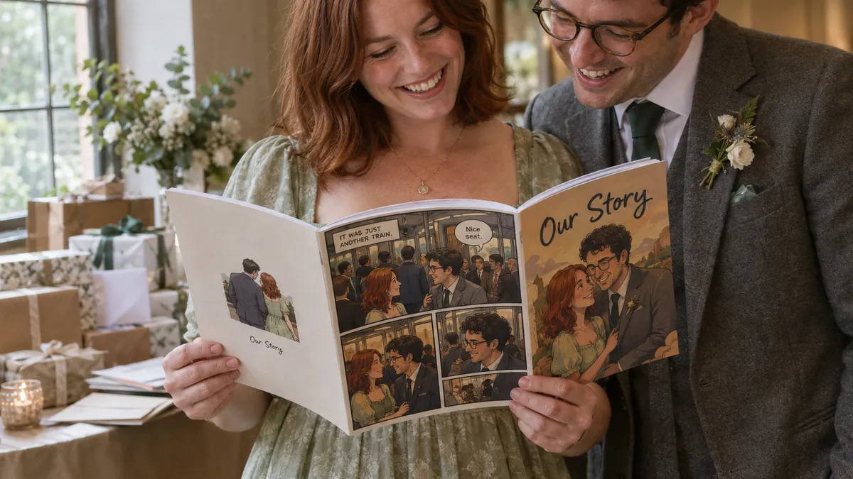 a couple in their early thirties — a woman with shoulder-length auburn hair in a pale green dress and a man with short dark curly hair and round glasses in a grey suit — standing at the gift table of their wedding reception, both faces visible, the woman holding open a printed comic book titled 'Our Story' while the man leans in and laughs, the comic page showing the two of them drawn as characters meeting in a crowded train carriage, wrapped boxes and envelopes behind them