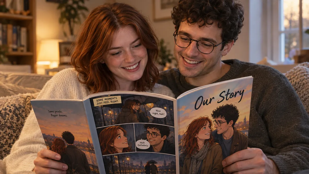 the same couple a few months after the wedding — a woman with shoulder-length auburn hair and a man with short dark curly hair and round glasses — sitting close on a sofa at home in warm evening light, both faces visible and smiling, the printed comic book titled 'Our Story' open across their laps at a page showing the two of them drawn as characters on a rainy first date