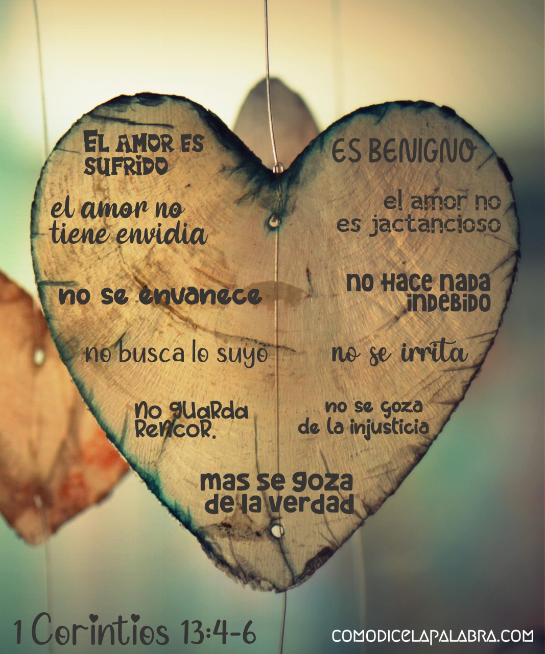 El amor es sufrido, es benigno; el amor no tiene envidia, el amor no es jactancioso, no se envanece; no hace nada indebido, no busca lo suyo, no se irrita, no guarda rencor; no se goza de la injusticia, mas se goza de la verdad. 