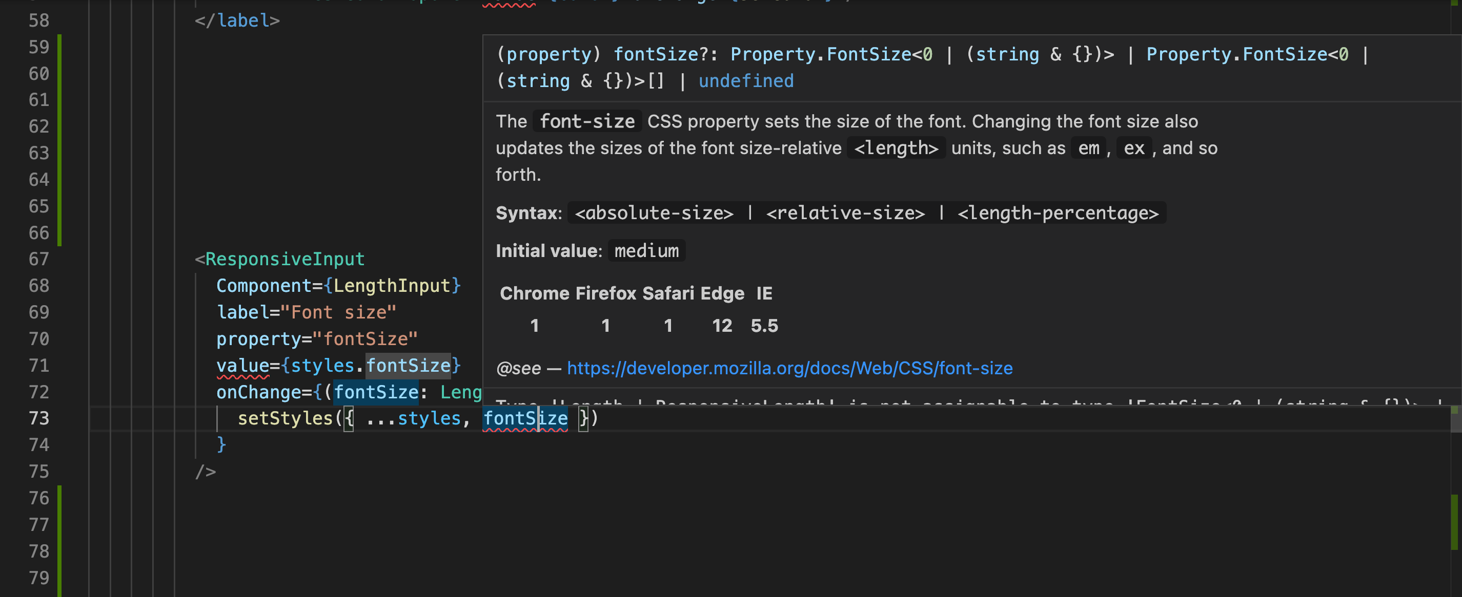 Screenshot of Visual Studio Code and the style object typing overlay