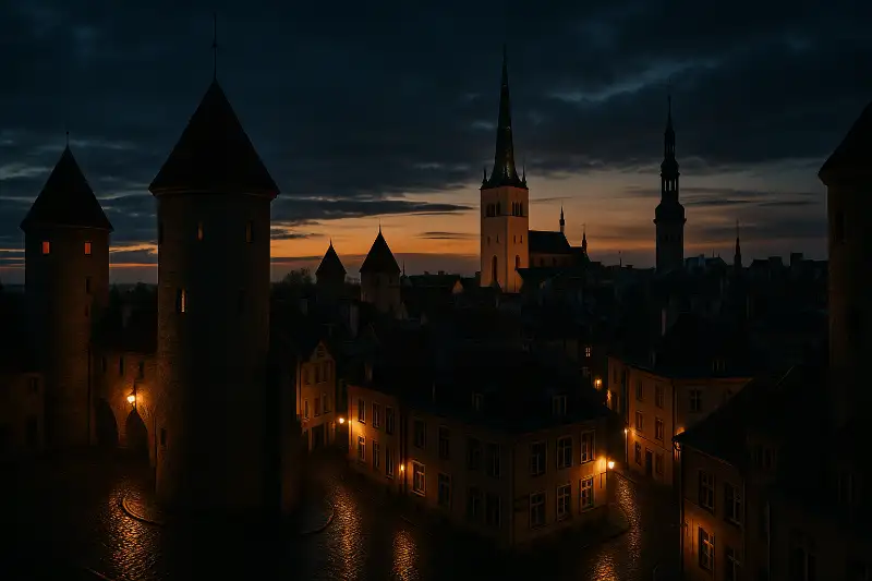 Tallinn Old Town skyline at twilight with glowing lights and historic spires