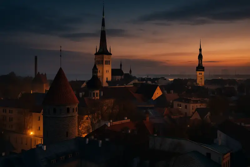 Tallinn old town skyline at dusk with medieval towers and warm golden light