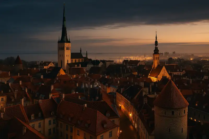 Aerial view of Tallinn Old Town at golden hour with medieval rooftops and church spires