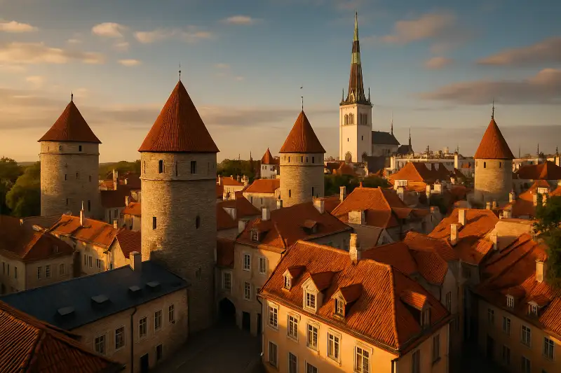 Tallinn Old Town medieval skyline at golden hour with cobblestone streets and stone towers