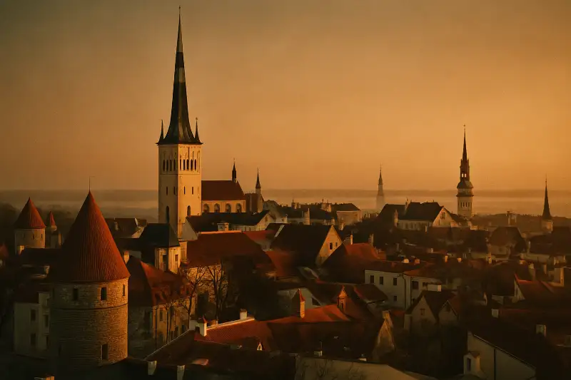Tallinn Old Town skyline at golden hour with Gothic spires and Baltic Sea in the background