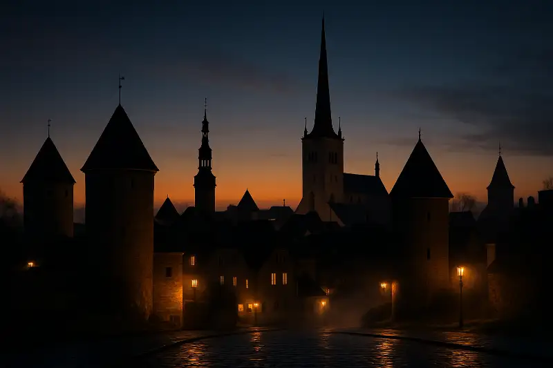 Tallinn Old Town skyline at dusk with glowing amber lights and medieval towers