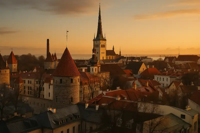 Tallinn Old Town skyline at golden hour with medieval towers and warm amber light