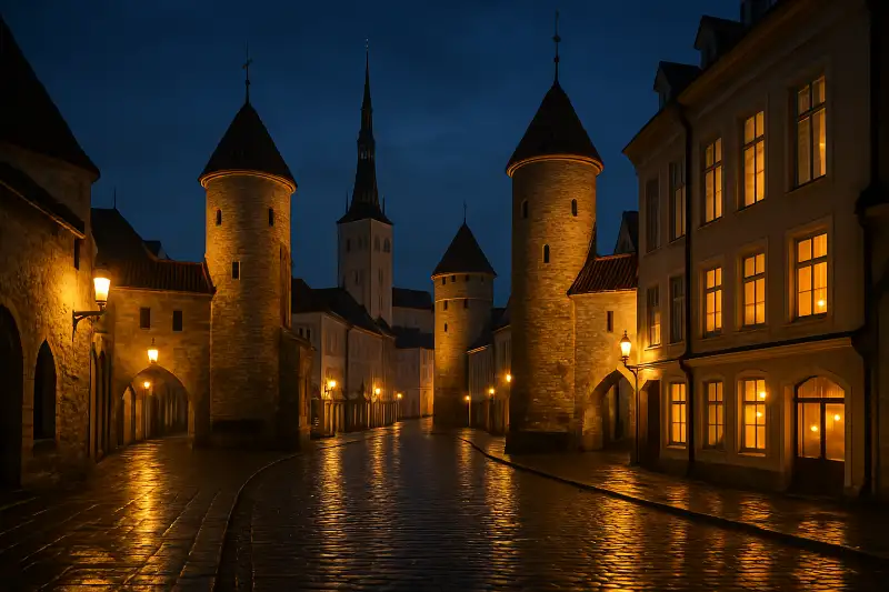 Tallinn old town cobblestone streets at dusk with warm lantern light and medieval towers