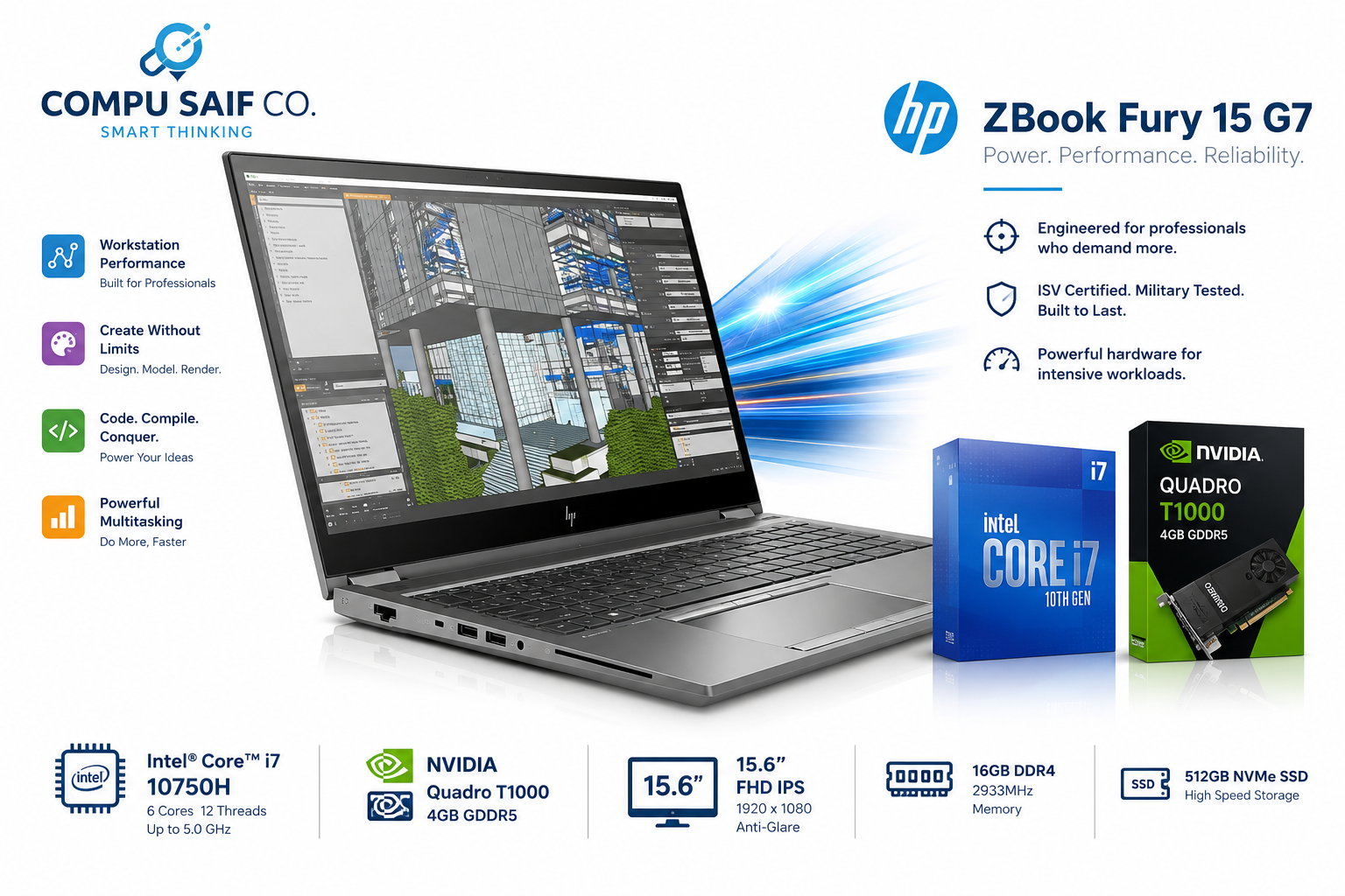 HP ZBook Fury 15 G7 Intel Core i7 10750H NVIDIA Quadro T1000 4GB 15.6 Inch FHD IPS - HP استيراد أصلي فرز أول | كمبيو سيف