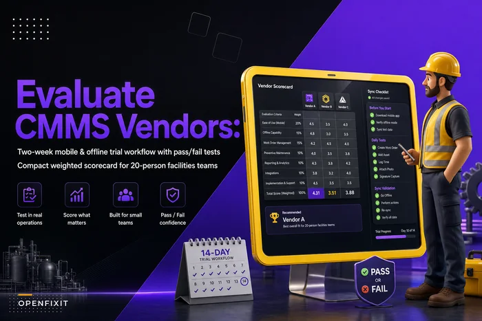 CMMS evaluation checklist & short vendor scorecard for 20‑person facilities teams