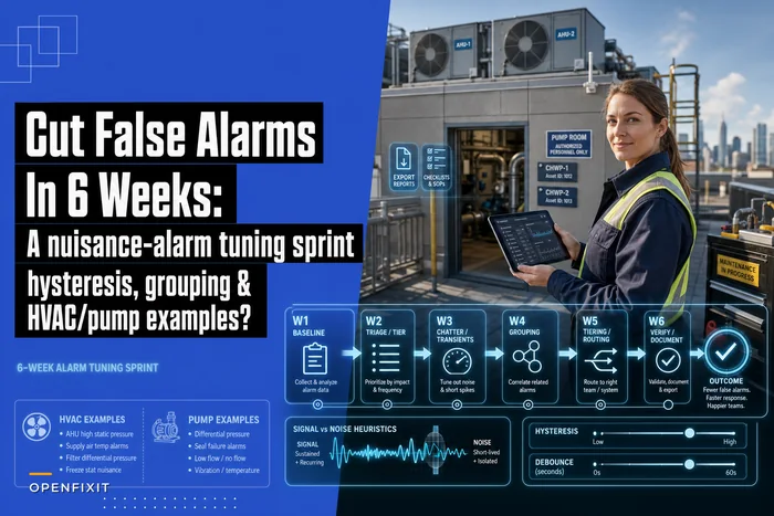 Cut false alarms in 6 weeks: a nuisance‑alarm tuning sprint with hysteresis, grouping and worked HVAC/pump examples