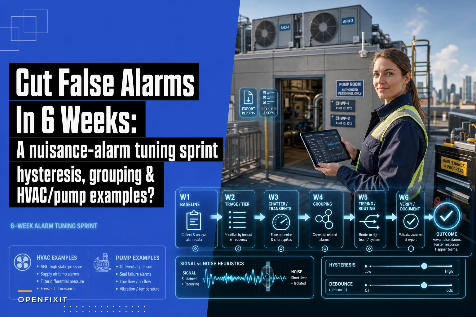 Cut false alarms in 6 weeks: a nuisance-alarm tuning sprint with hysteresis, grouping and worked HVAC/pump examples