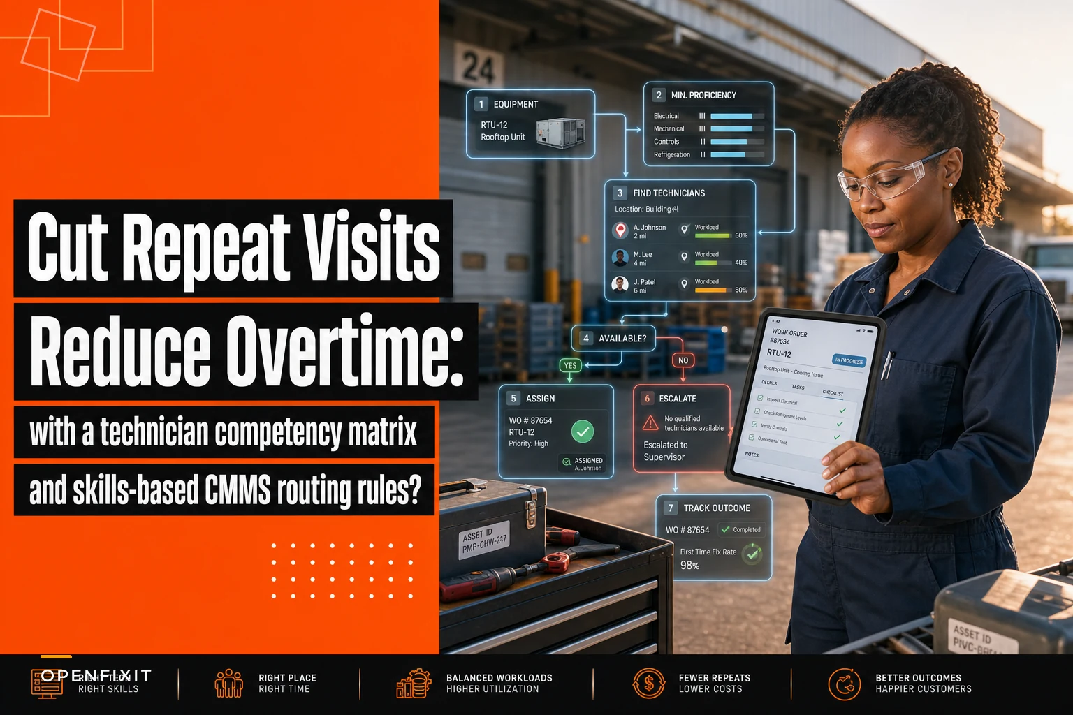Cut repeat visits and overtime with a technician competency matrix and skills-based CMMS routing rules